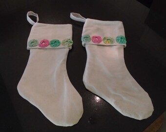 Vintage yo yo fabric/painter's cloth Christmas stockings
