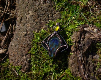 Wire Wrapped Glass Pendant with Yellow Chalcedony in Copper