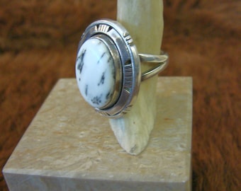 Navajo White Buffalo Turquoise Ring - Sterling and White Turquoise Ring - Sterling Silver And White Buffalo Turquoise Ring - Signed Piece