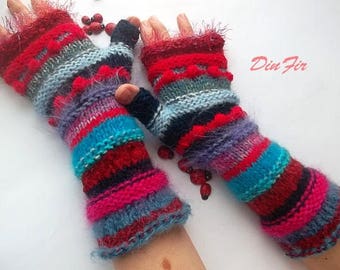 Women Size M 20% OFF Ready To Ship Wool Hand Knitted Gloves Bohemian Accessories Fingerless Mittens Warm Wrist Warmers Winter Striped 1104