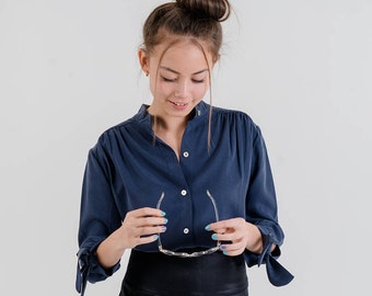 Tie-Sleeve Blouse (Navy Blue)