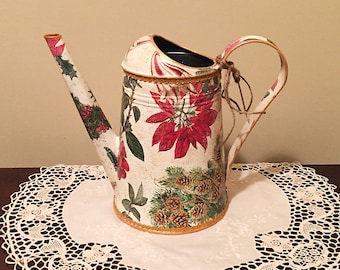Metal Watering Can, Vintage, Hand Painted Can, Garden Decor, Garden Can, Holiday Gift, Xmas Gift - POINSETTIA