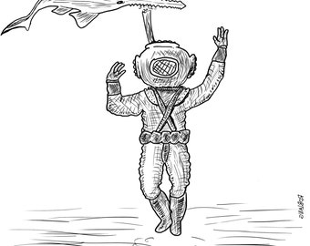 Underdone Comics: Deep Sea Diver and Sawfish 9x9" Print