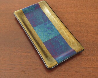 Blue Green Fused Glass Dish with Metallic Surface - Fused Glass Butter Dish