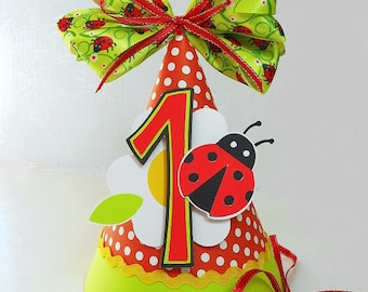 Ladybug Paper Party Hat with Ribbon Bow Topper 1st Birthday Lady Bug Flower Photo Prop