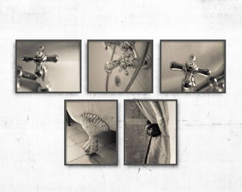 Rustic Bathroom Art, Bathroom Decor Set, Master Bathroom Art Decor French Bathroom Photography Set of 5 Prints Black and White, Hot and Cold