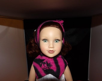 Fashionable fleece headband & scarf set in pink print for 18 inch dolls - ag262