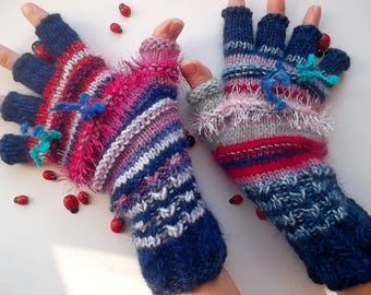 Women Size M 20% OFF Ready To Ship OOAK Half Fingers Wool Accessories Mittens Wrist Warmers Gloves Winter Hand Knitted Multicolor Striped 28