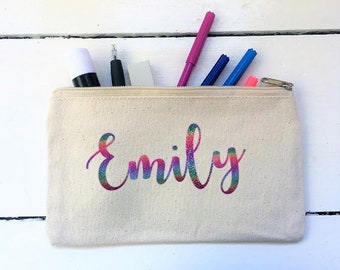 Rainbow Glitter Named Pencil Case,Canvas Accessory Case,Personalised Pencil Case,Back to School Gift,Make Up Case,Cosmetic Bag,Pencil Pouch