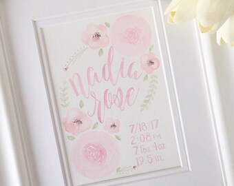 5x7 Personalized Name and Birth Stats Painting Pink, Hand Painted Birth Statistics, Custom Baby Name and Birth Information in Pink