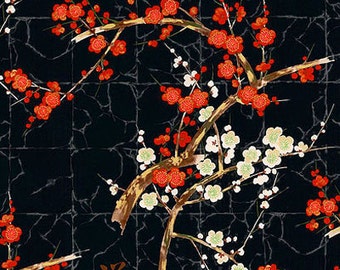 CHERRY BLOSSOM BRANCHES - Black/Gold: Asian Japanese Fabric (Half Yard)