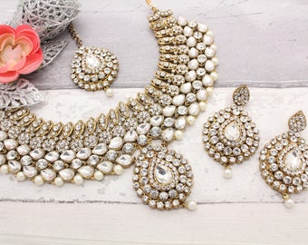 Gold Silver Indian Bollywood Kundan Necklace, Tikka & Earring Set Bridal Wedding