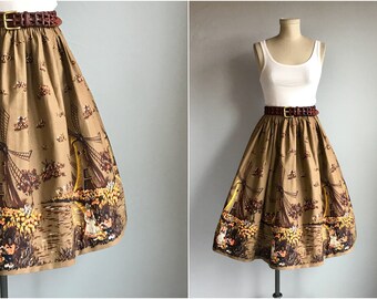 Vintage 1950s Skirt / 50s Scenic Border Novelty Print Full Skirt / Windmill Tulip Dutch Print Skirt