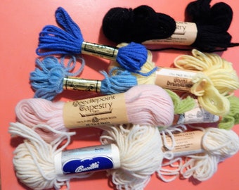 Mixed lot of 100% wool needlepoint tapestry yarn - blues, ecru, green, pink, yellow and black