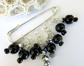 Black Shawl Pin - Black Sweater Pin Brooch - Black Beaded Safety Pin Brooch