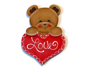 Bear Holding Heart Ornament or Fridge Magnet, Handpainted Wood Refrigerator Magnet, Hand Painted Bear, Valentine's Day, Tole Painting