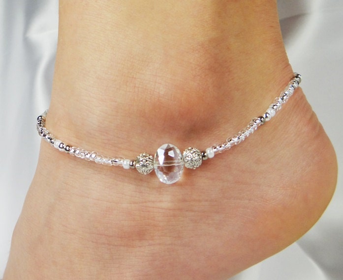 Anklet Ankle Bracelet Clear Luster Crystal Oval Silver