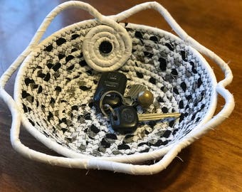 Black and white rope coiled basket