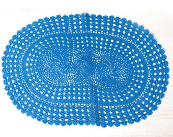 Blue hand dyed Crochet Doily Vintage oval doily