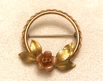 Vintage Krementz Gold Tone Circle Brooch with Rose Gold Rose Flower and Leaves