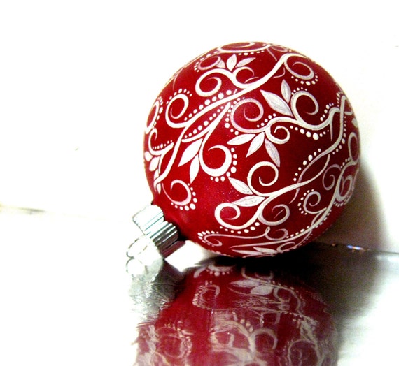 Christmas Ornament: Red and White Ornament Hand Painted Medium Glass Ornament personalize