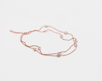 Dainty Layered Chain, Stacking Bracelet, 2 Strand Bracelet, Crystal Bracelet, Rose Gold Anklet, Delicate Anklet, Stackable Bracelet