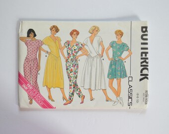 1980s UNCUT Butterick Sewing Pattern 3699 Pullover V Waist Dress, Jumpsuit Stretch Knit w/ Crossover Front Size 6,8,10