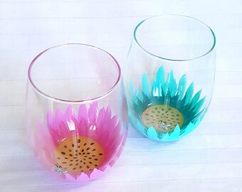 Hand painted beautifully vibrant starburst flower stemless wine glasses