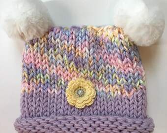 Knitted Baby girl Hat Pink Flowers