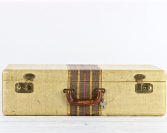 Vintage Suitcase Retro Suitcase Tweed Suitcase Old Suitcase Old Luggage Vintage Luggage Striped Suitcase Wedding Decor Rustic Decor