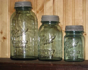 Set 3 Blue Mason Ball Jars Canister Set Half Gallon Quart Pint Zinc Lids Aqua Glass Minimalist Kitchen Storage Rustic Farmhouse 1923-1933