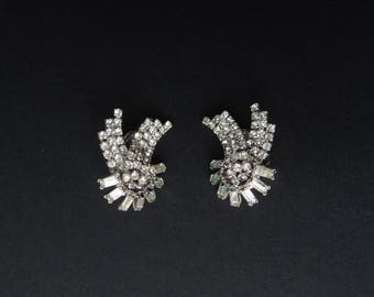 Mid Century Modern Rhinestone Earrings Signed Jewels by Julio 1950s Atomic Space Age Designer Clip Ons