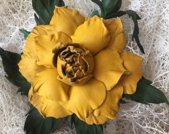 Yellow Rose Flower Leather Brooch.