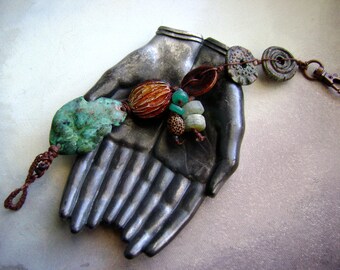metal leaf bracelet, ooak assemblage bracelet, artisan ceramics, organic earthy, forged leaf jewelry, bohemian rustic, anvilartifacts