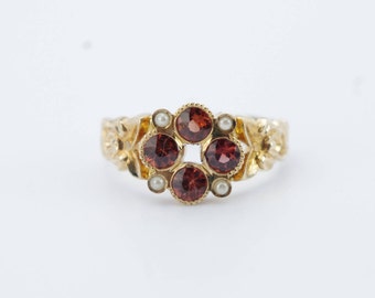 Vintage 14K Rose Gold Garnet & Seed Pearl Flower Cluster Ring