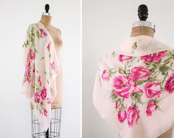 vintage 1950s rose scarf | pink chiffon scarf | floral scarf