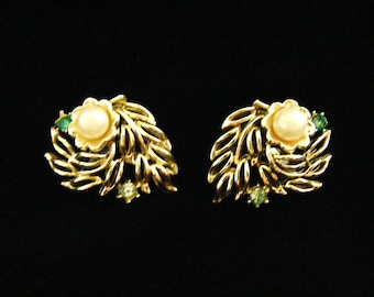 Vintage Gold tone Floral with Pearl and Green Rhinestone Clip on earrings by CORO