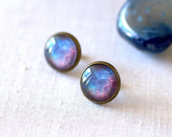 Blue & Red Galaxy Earrings. Space Earrings. Universe Earrings. Glass Dome Earrings. Space Post Earrings. Galaxy Jewelry.