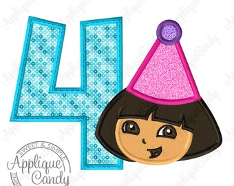 Birthday 4 Dora Applique Machine Embroidery Design Digital File 4x4 5x5 5x7 6x10 explorer party hat shirt INSTANT DOWNLOAD