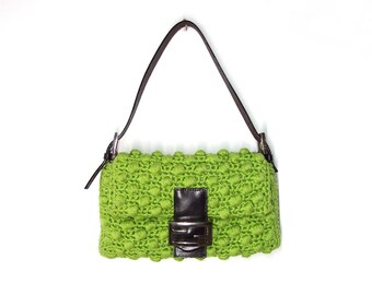 Fendi Green Popcorn Crochet Logo Flap Baguette Shoulder Handbag Bag Mama Mini Baguette Purse Vintage