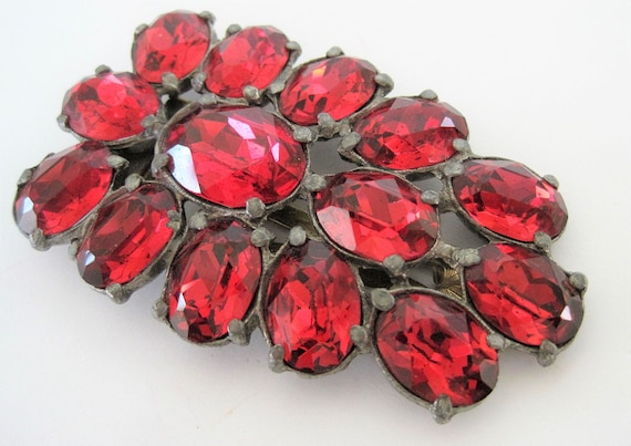 Art Deco Dress Clip, Czech Red Rhinestone, 30's Pot Metal