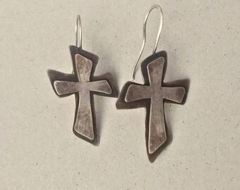 Silver cross earrings, hand forged layered crosses with oxidized textures