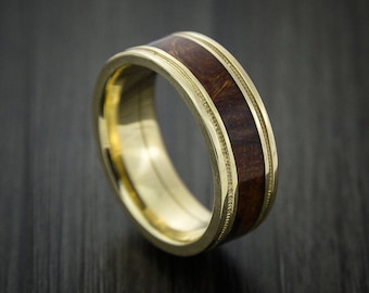 Wood ring desert ironwood burl hard wood in 14k yellow gold wedding band made to any sizing and width