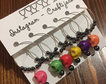 Skull Wine Glass Charms, Set of 6 Beaded Wine Glass Charms, Wine Glass Accessories, Party Fun, Wine Tasting Party,