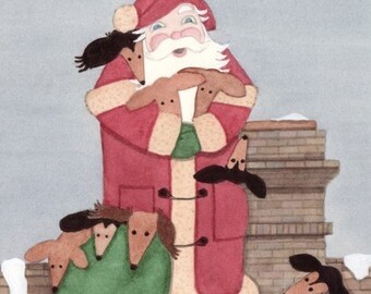 Christmas cards: Dachshunds (doxies) keep Santa company on his rounds / Lynch folk art