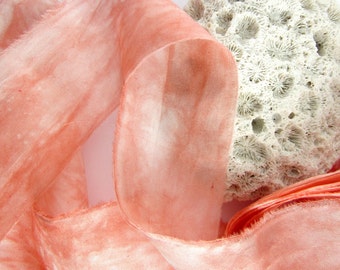 Hand Dyed Silk Ribbon - Raw Edged Ribbon - Gift Wrapping - Coral