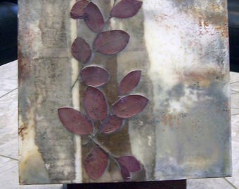Encaustic painting, beeswax art, beeswax collage, small painting, mixed media art, nature study leaves