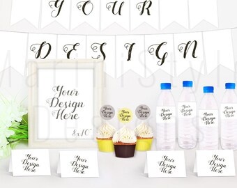 Party Mockup BUNDLE, Water Bottle Template, Frame, Cards Mockup, Cupcake Mockup, Bunting Stock Photo, Stock image, Smart Objects, PSD, 585