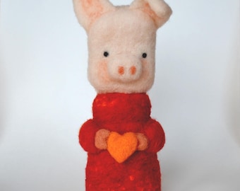 NEEDLE FELTED PIG wearing a Bright Coral Colored Sweater / Made in Maine by Caryn Burwood of Purple Moose Felting
