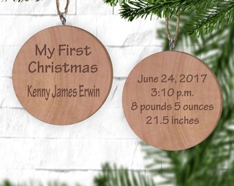 My First Christmas Two-Sided Engraved Ornament, Personalized Ornament, Engraved Wooden Gift Tag, Wood Christmas Ornament, Wood Ornament